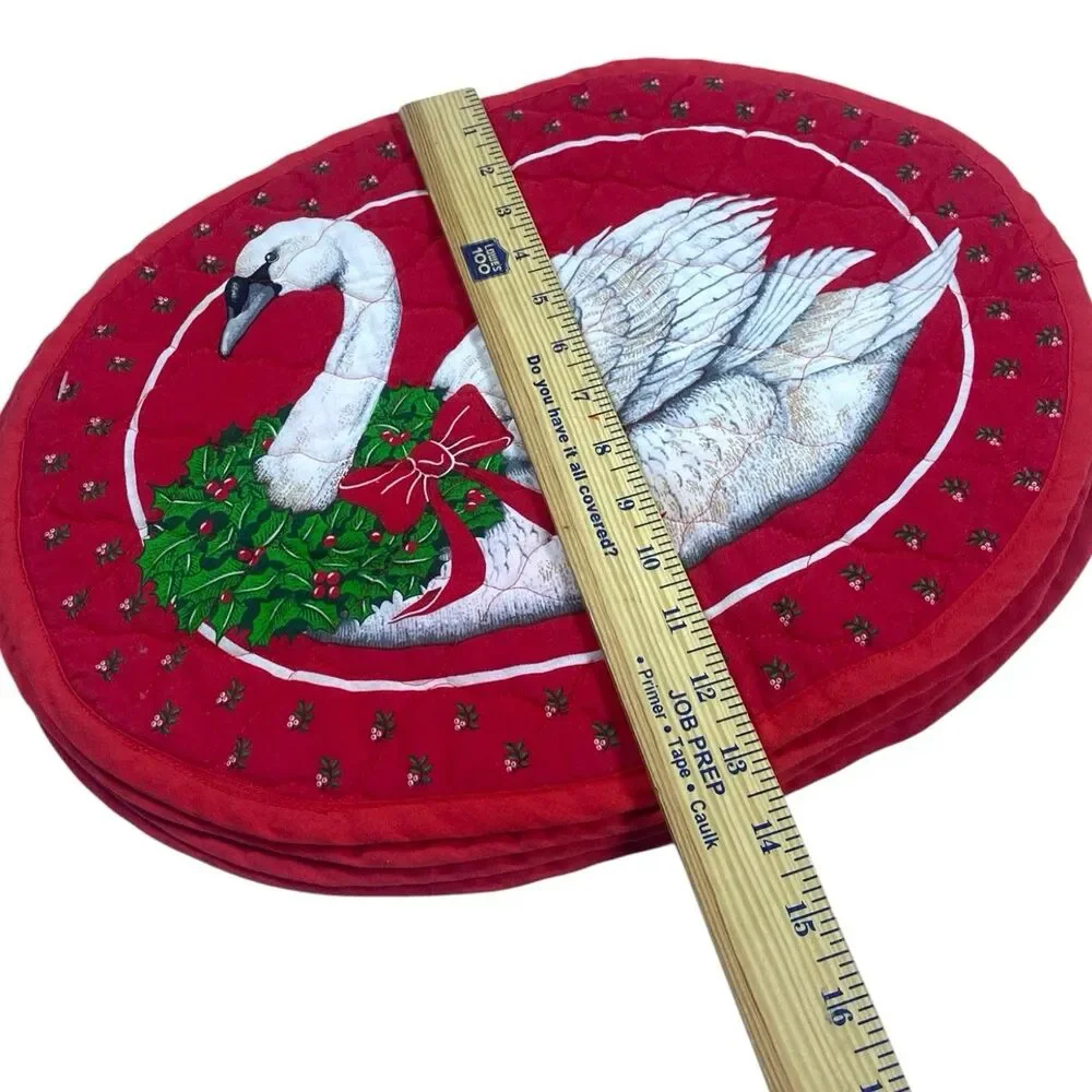 Set of 4 Vintage 1980s Christmas Holiday Goose Quilted Placemats Cottagecore Red